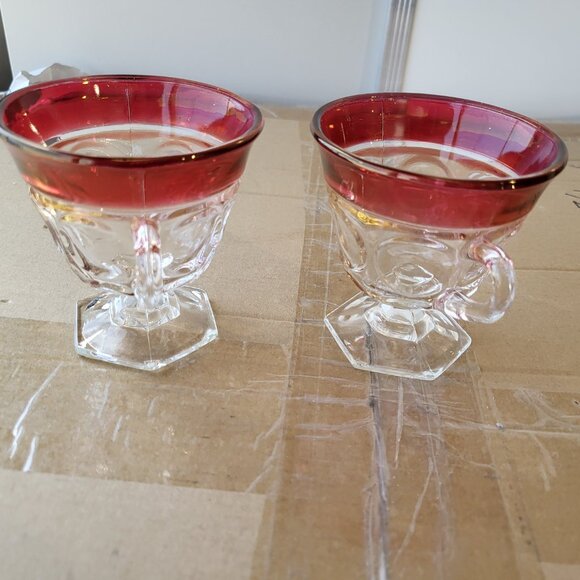 2 VTG INDIANA GLASS RUBY FLASH KINGS CROWN THUMBPRINT FOOTED PUNCH CUPS "BIN A" - Picture 3 of 7